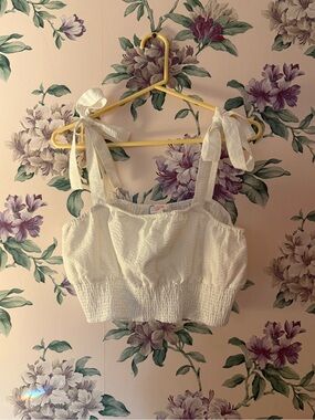 White Tie-Shoulder Smocked Bandeau Crop Top